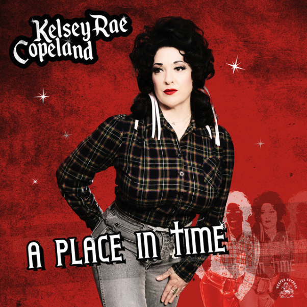A Place in Time cover art — Kelsey Rae Copeland on a textured red background